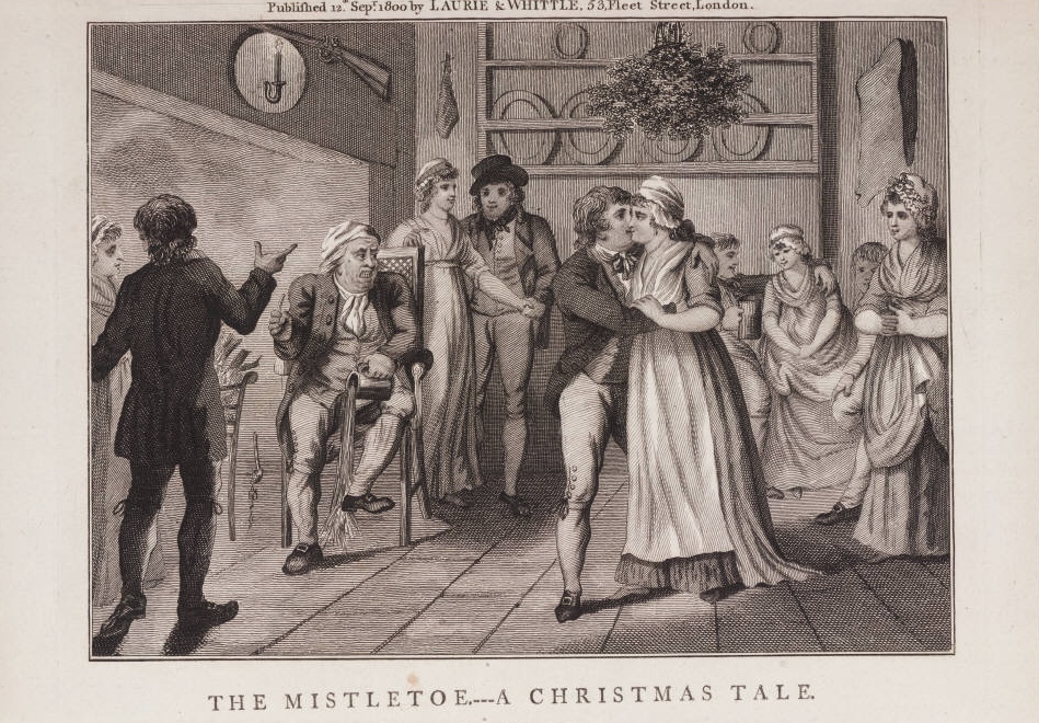 Kissing under the mistletoe. The Mistletoes- a Christmas Tale. Published in 1800. (Public domain) via All Things Georgian.