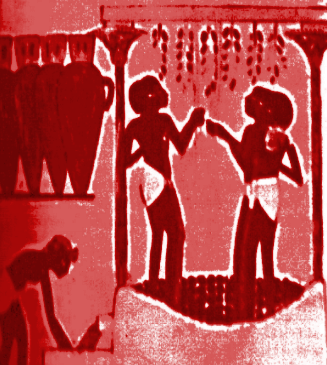 Fig. 1. (Recoloured) Ancient Egyptian painting from a temple wall depicting crushing grapes and making wine. Norrie, P. 2019. The History of Wine as a Medicine: From its Beginnings in China to the Present Day